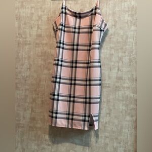 White and pink and black plad fitted dress